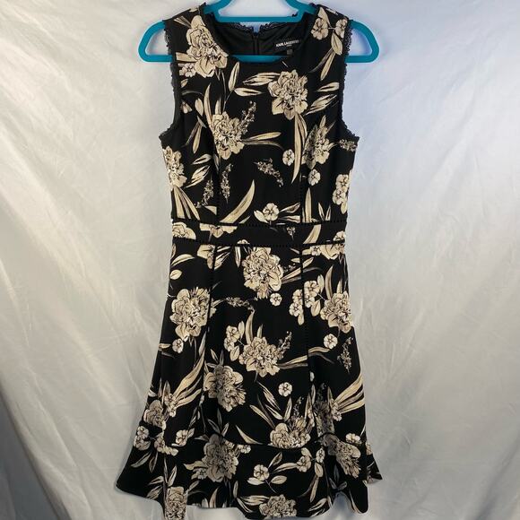 Karl Lagerfeld Black Floral Print Fit‎ & Flare Dress Size 4 Romantic Femme - Picture 1 of 10